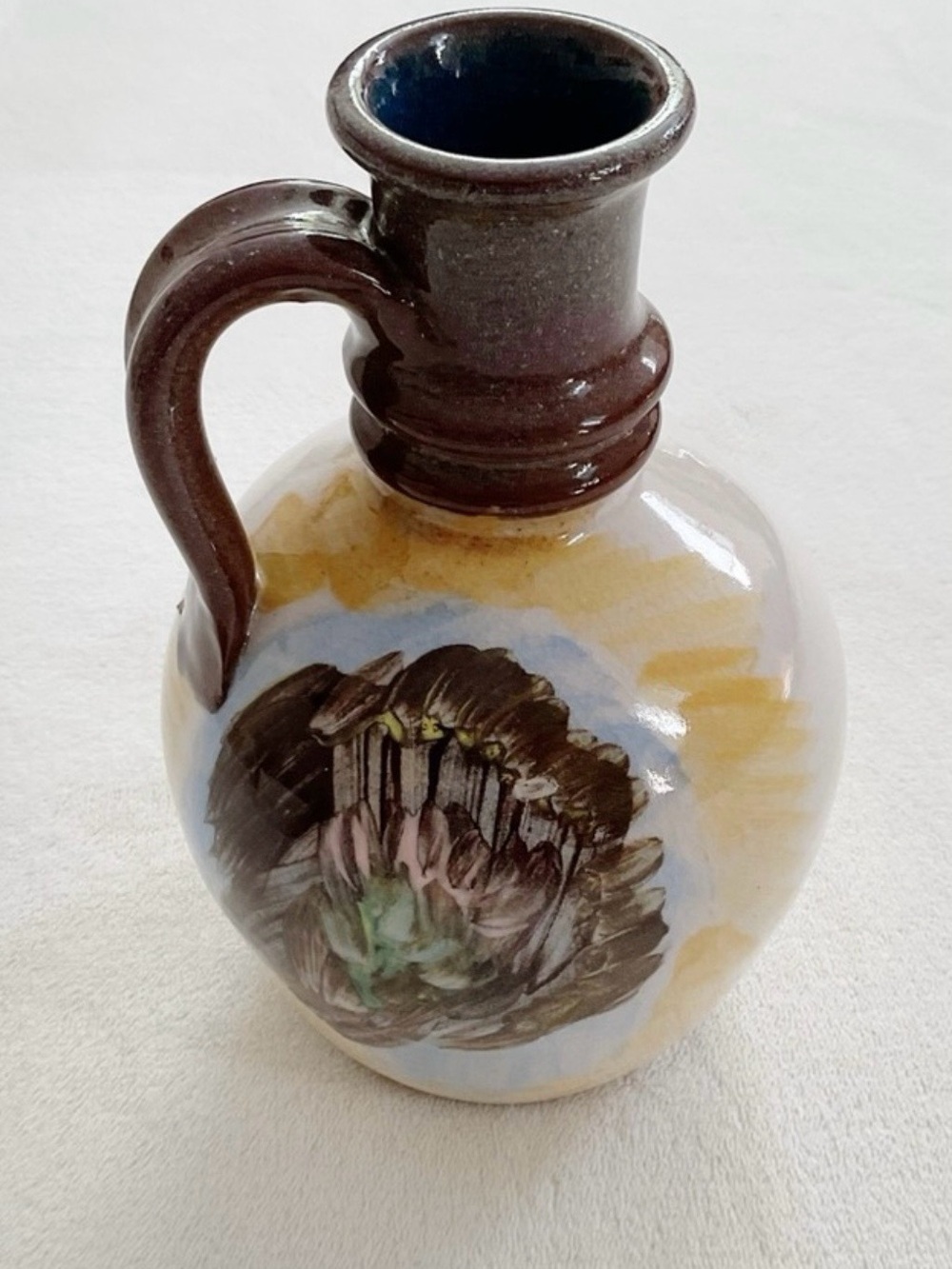 Vintage Signed Studio Pottery Vase Pitcher Hand Painted Floral 8” Crackle Glaze
